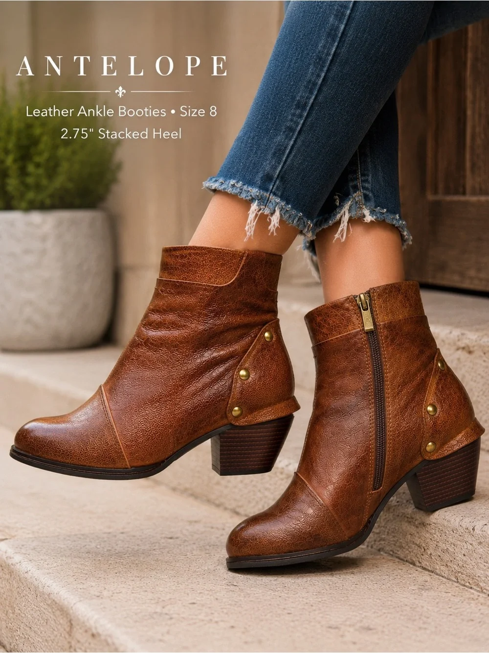 Antelope Leather Ankle Boots Women’s Size 8 Brown Boho Western Stacked Heel
